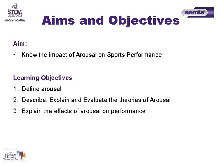 Aims and Objectives Aim: • Know the impact of Arousal on Sports Performance Learning Aims and Objectives Aim: • Know the impact of Arousal on Sports Performance Learning