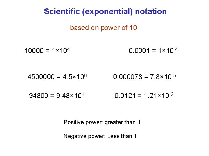 Scientific (exponential) notation based on power of 10 10000 = 1× 104 0. 0001