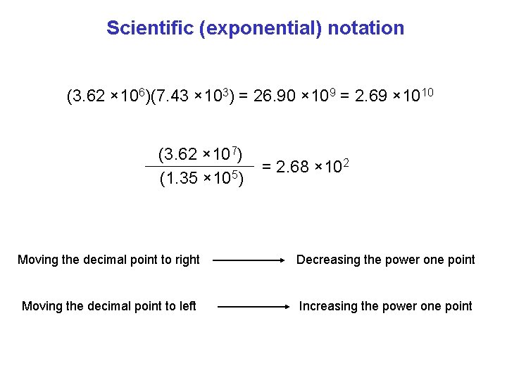 Scientific (exponential) notation (3. 62 × 106)(7. 43 × 103) = 26. 90 ×