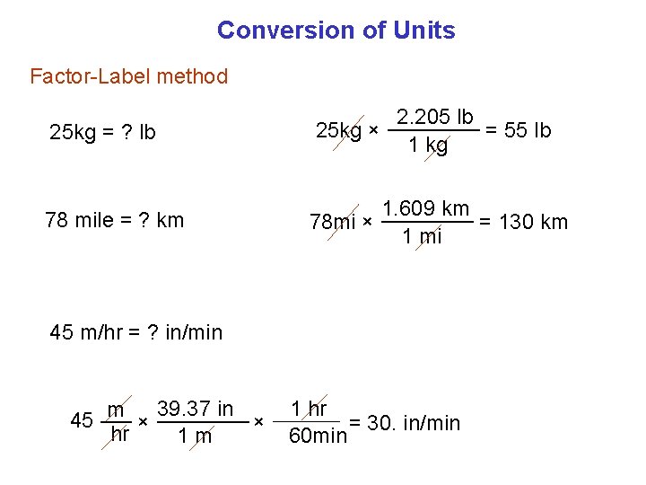 Conversion of Units Factor-Label method 25 kg = ? lb 2. 205 lb =