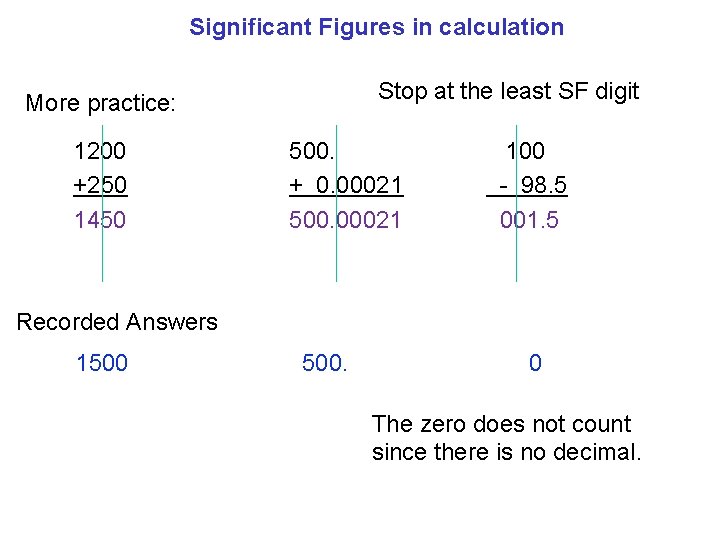 Significant Figures in calculation Stop at the least SF digit More practice: 1200 +250