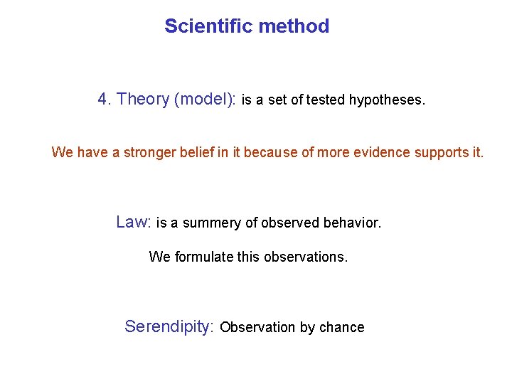 Scientific method 4. Theory (model): is a set of tested hypotheses. We have a