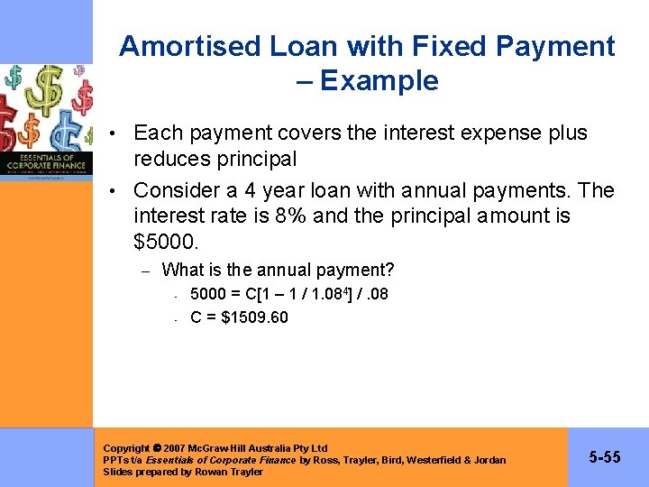 Amortised Loan with Fixed Payment – Example • Each payment covers the interest expense