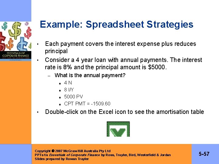 Example: Spreadsheet Strategies • • Each payment covers the interest expense plus reduces principal