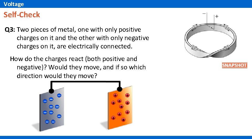 Voltage Self-Check Q 3: Two pieces of metal, one with only positive charges on