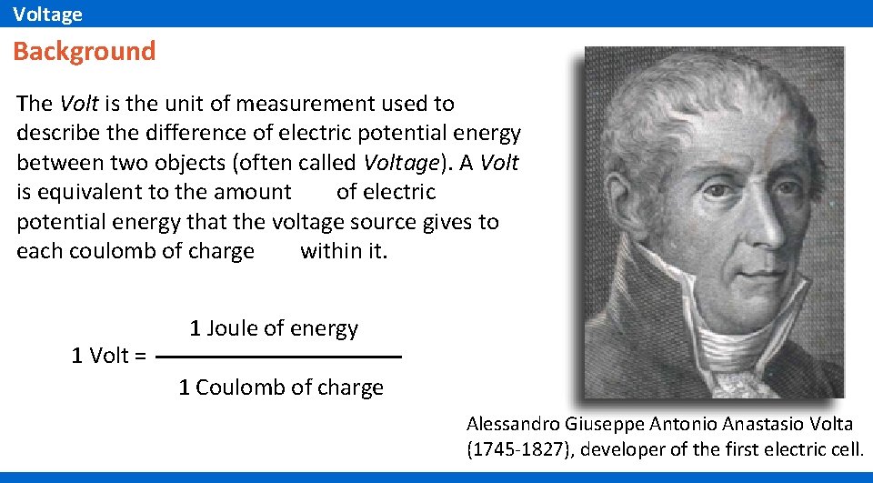 Voltage Background The Volt is the unit of measurement used to describe the difference