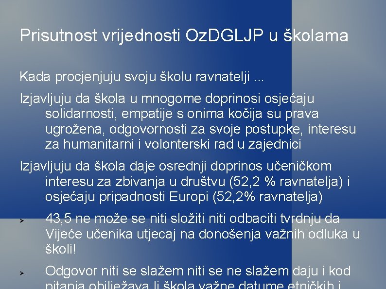 Prisutnost vrijednosti Oz. DGLJP u školama Kada procjenjuju svoju školu ravnatelji. . . Izjavljuju