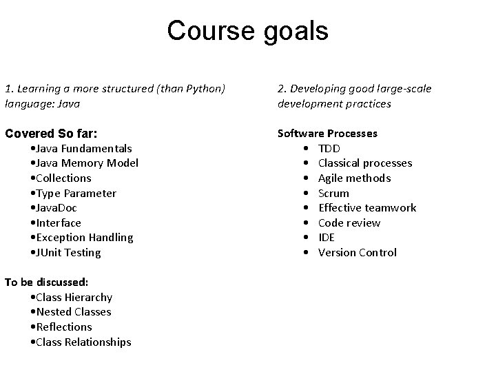 Course goals 1. Learning a more structured (than Python) language: Java 2. Developing good