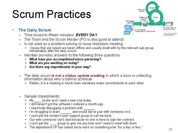 Scrum Practices • The Daily Scrum – Time boxed to fifteen minutes! EVERY DAY