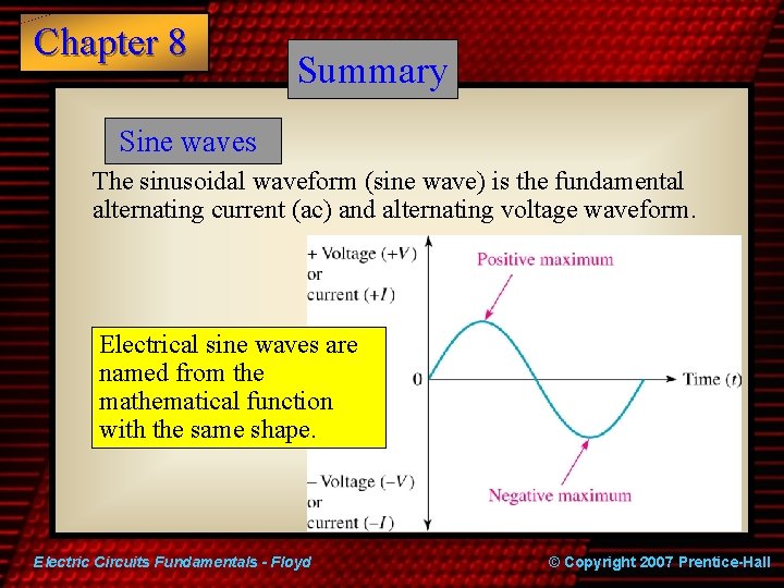 Chapter 8 Summary Sine waves The sinusoidal waveform (sine wave) is the fundamental alternating