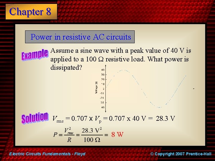 Chapter 8 Power in resistive AC circuits Assume a sine wave with a peak