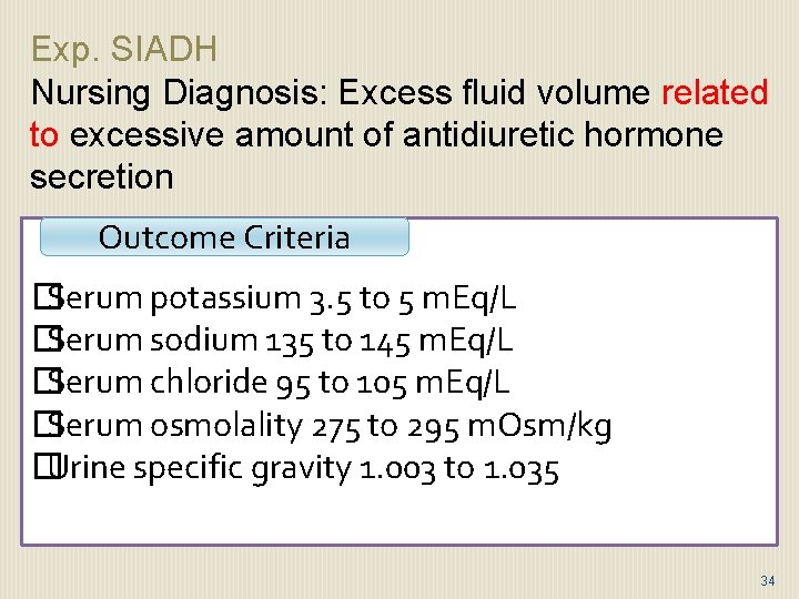 Exp. SIADH Nursing Diagnosis: Excess fluid volume related to excessive amount of antidiuretic hormone