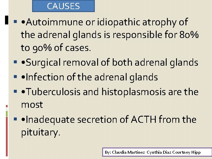 CAUSES • Autoimmune or idiopathic atrophy of the adrenal glands is responsible for 80%