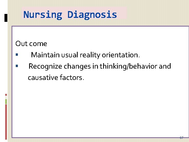 Nursing Diagnosis Out come Maintain usual reality orientation. Recognize changes in thinking/behavior and causative