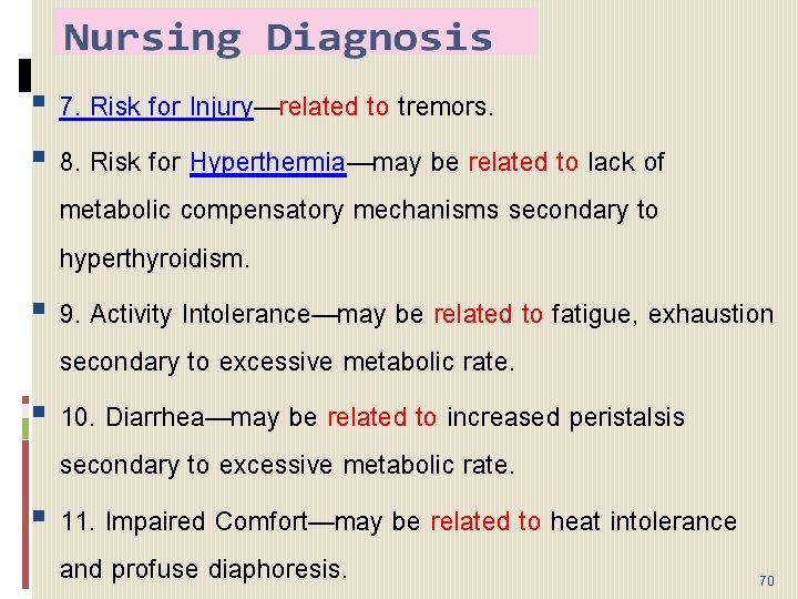  7. Risk for Injury—related to tremors. 8. Risk for Hyperthermia—may be related to