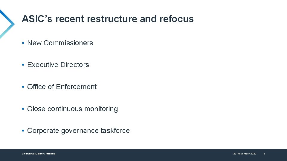 ASIC’s recent restructure and refocus • New Commissioners • Executive Directors • Office of