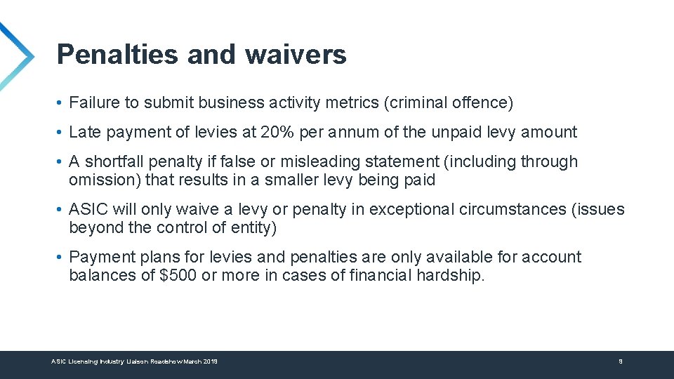 Penalties and waivers • Failure to submit business activity metrics (criminal offence) • Late