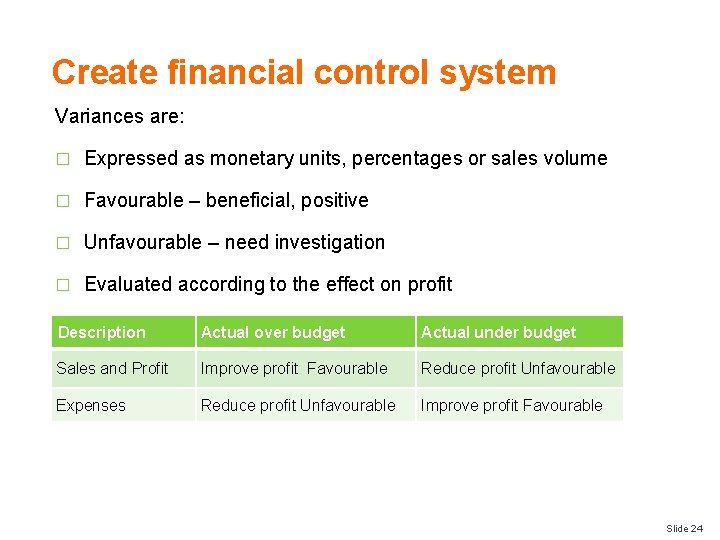 Create financial control system Variances are: � Expressed as monetary units, percentages or sales