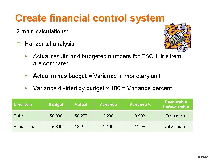 Create financial control system 2 main calculations: � Horizontal analysis • Actual results and