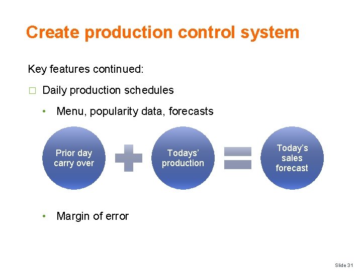 Create production control system Key features continued: � Daily production schedules • Menu, popularity