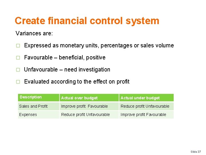 Create financial control system Variances are: � Expressed as monetary units, percentages or sales
