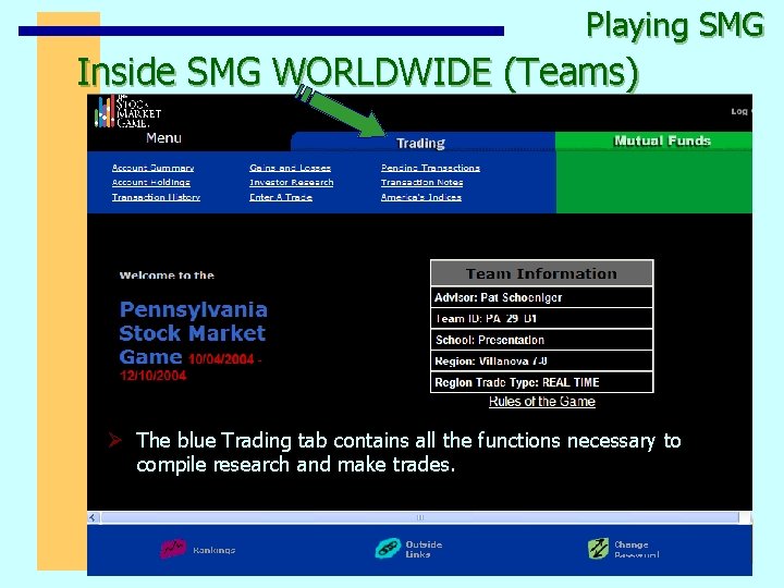 Playing SMG Inside SMG WORLDWIDE (Teams) Ø The blue Trading tab contains all the