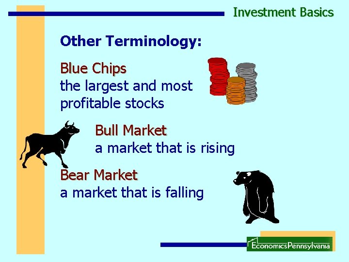 Investment Basics Other Terminology: Blue Chips the largest and most profitable stocks Bull Market