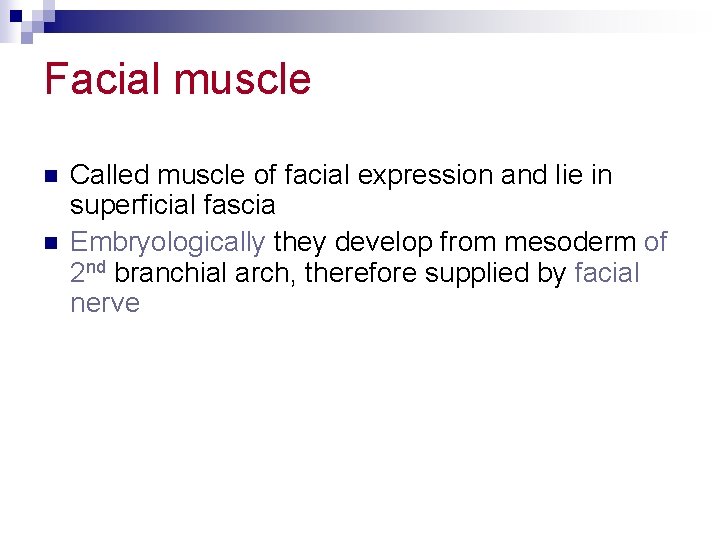 Facial muscle n n Called muscle of facial expression and lie in superficial fascia