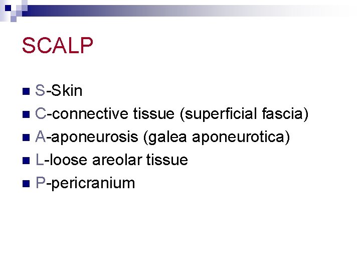 SCALP S-Skin n C-connective tissue (superficial fascia) n A-aponeurosis (galea aponeurotica) n L-loose areolar
