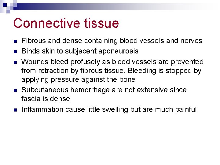 Connective tissue n n n Fibrous and dense containing blood vessels and nerves Binds