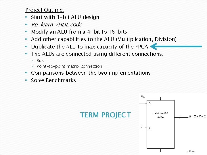 Project Outline: Start with 1 -bit ALU design Re-learn VHDL code Modify an ALU