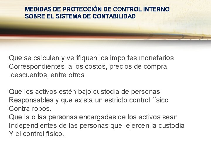 MEDIDAS DE PROTECCIÓN DE CONTROL INTERNO SOBRE EL SISTEMA DE CONTABILIDAD Que se calculen