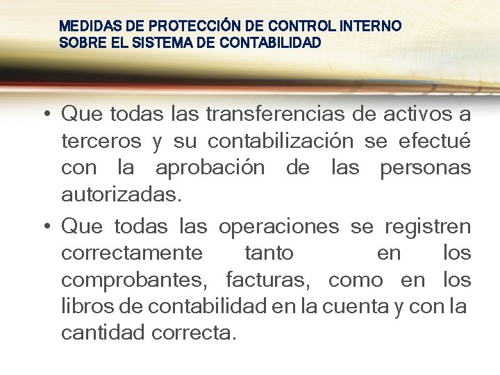 MEDIDAS DE PROTECCIÓN DE CONTROL INTERNO SOBRE EL SISTEMA DE CONTABILIDAD • Que todas