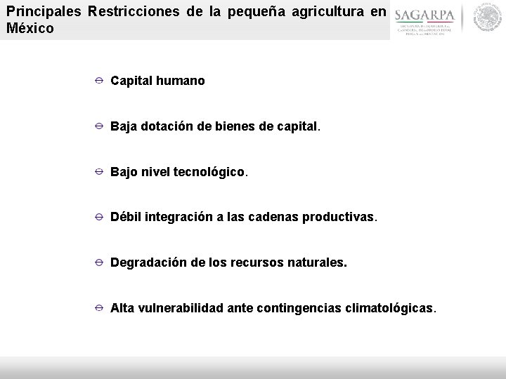 Principales Restricciones de la pequeña agricultura en México Capital humano Baja dotación de bienes