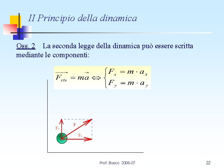 II Principio della dinamica Oss. 2 La seconda legge della dinamica può essere scritta