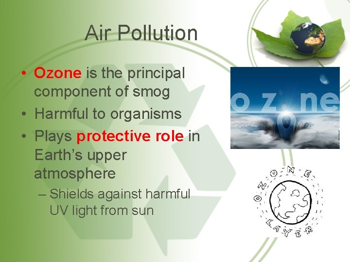 Air Pollution • Ozone is the principal component of smog • Harmful to organisms