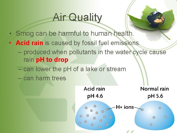 Air Quality • Smog can be harmful to human health. • Acid rain is