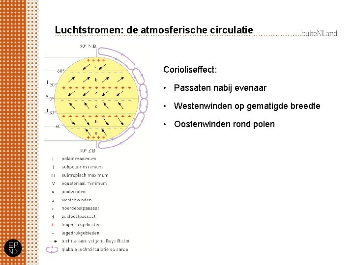 Luchtstromen: de atmosferische circulatie Corioliseffect: • Passaten nabij evenaar • Westenwinden op gematigde breedte