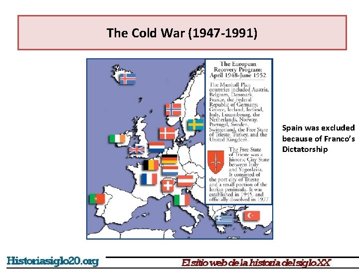 The Cold War (1947 -1991) Spain was excluded because of Franco’s Dictatorship 