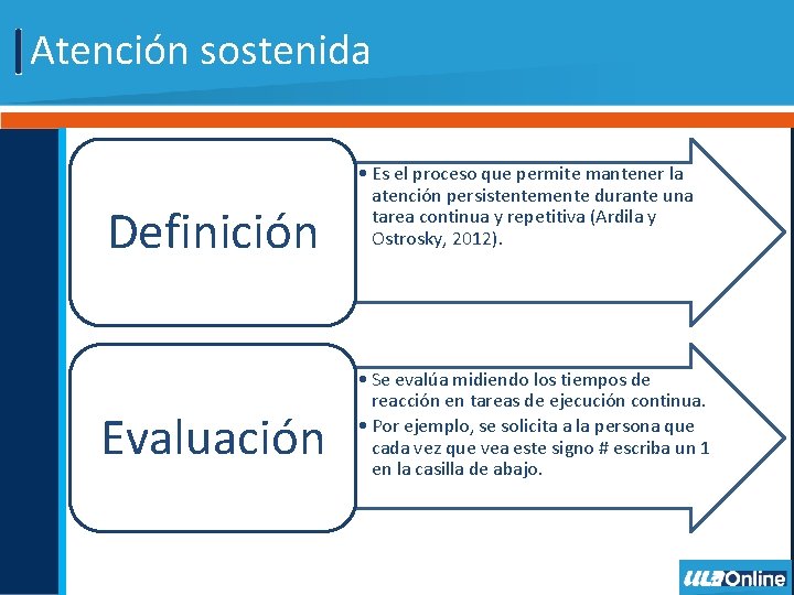 Atención sostenida Definición Evaluación • Es el proceso que permite mantener la atención persistentemente