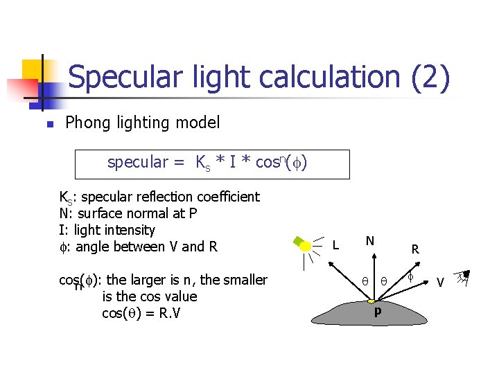 Specular light calculation (2) n Phong lighting model specular = Ks * I *