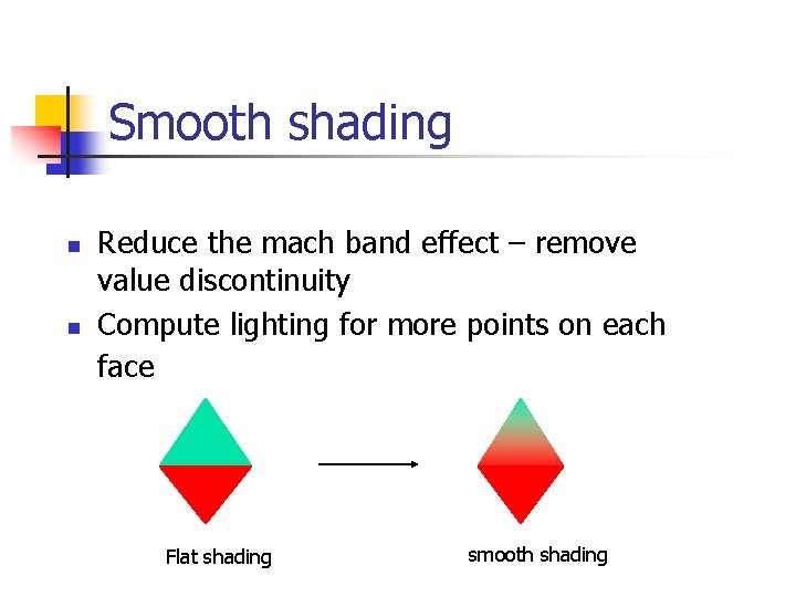 Smooth shading n n Reduce the mach band effect – remove value discontinuity Compute