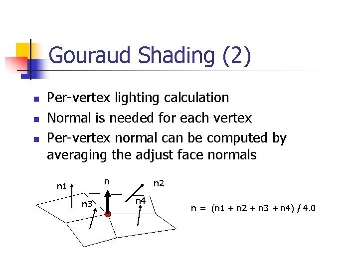 Gouraud Shading (2) n n n Per-vertex lighting calculation Normal is needed for each