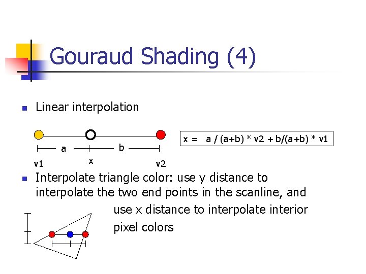 Gouraud Shading (4) n Linear interpolation b a v 1 n x = a