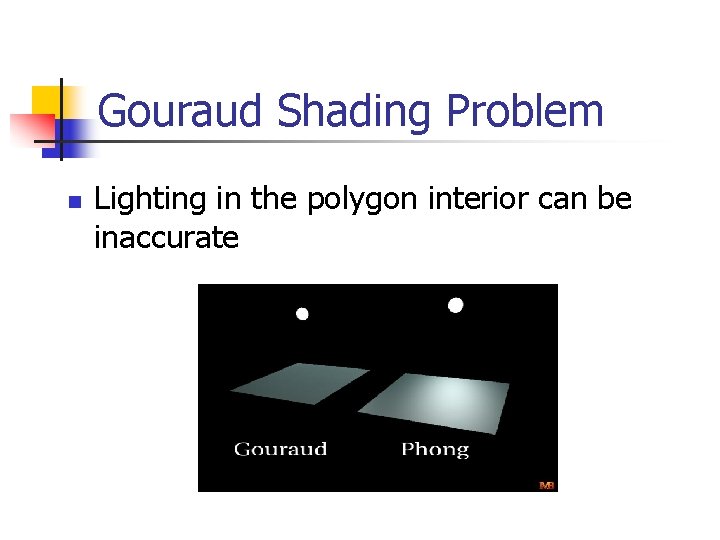 Gouraud Shading Problem n Lighting in the polygon interior can be inaccurate 