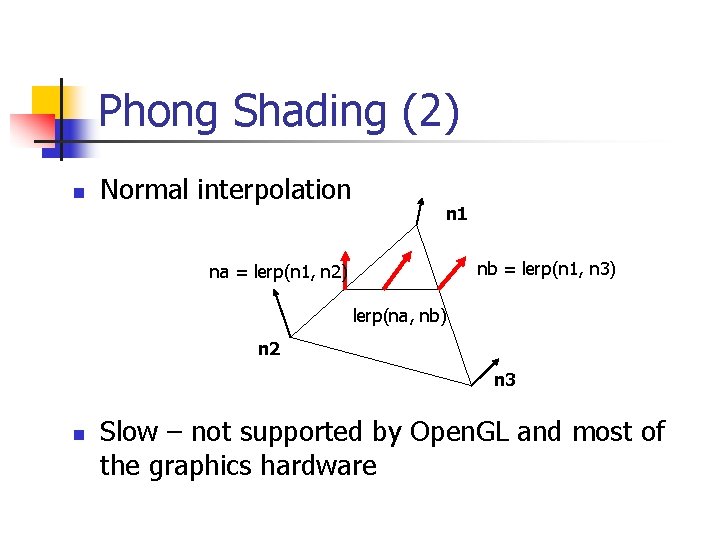 Phong Shading (2) n Normal interpolation n 1 nb = lerp(n 1, n 3)