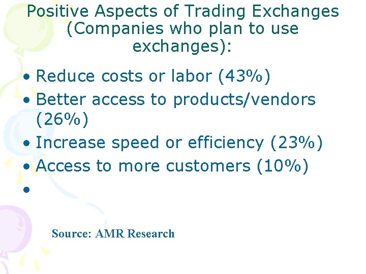 Positive Aspects of Trading Exchanges (Companies who plan to use exchanges): • Reduce costs