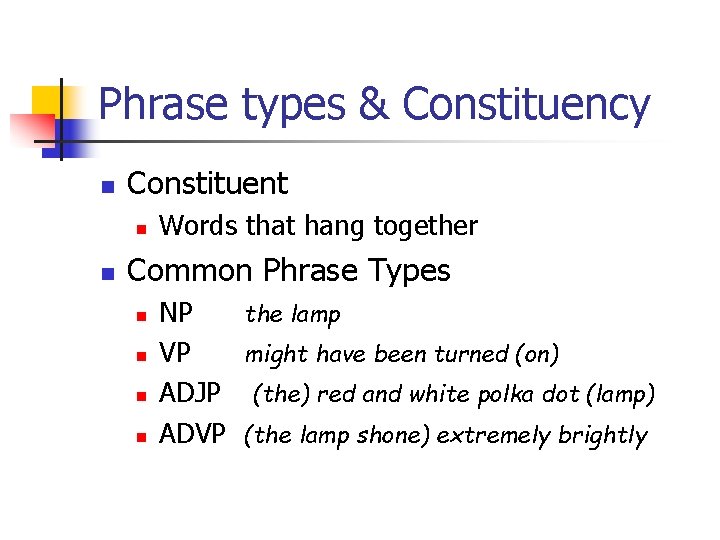 Phrase types & Constituency n Constituent n n Words that hang together Common Phrase
