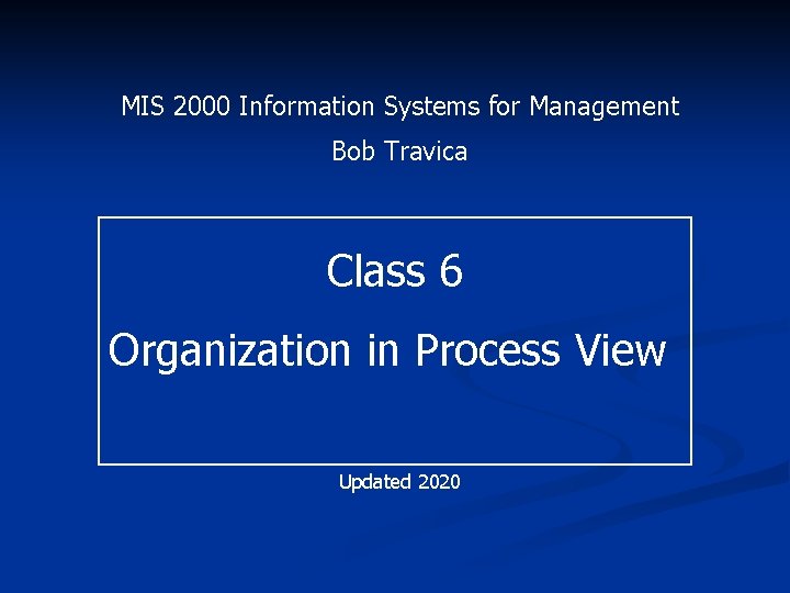 MIS 2000 Information Systems for Management Bob Travica Class 6 Organization in Process View