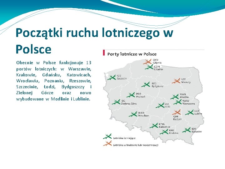 Początki ruchu lotniczego w Polsce Obecnie w Polsce funkcjonuje 13 portów lotniczych: w Warszawie,